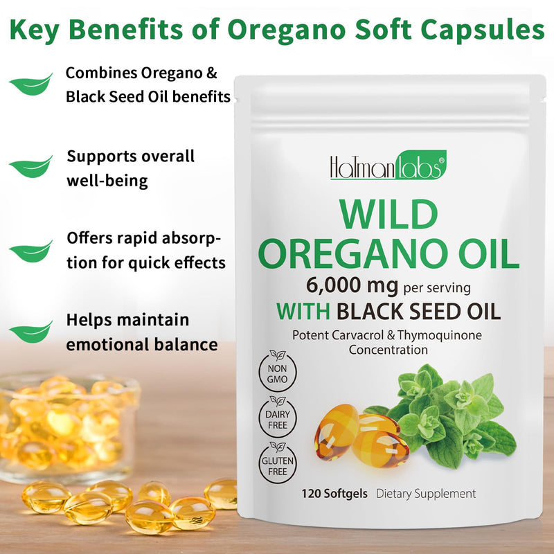 2 Pack Oil of Oregano Softgels, 2 in 1 6000mg Oil of Oregano with Black Seed, Oregano Supplement Capsules, Natural Antioxidants, Non-GMO, Gluten Free, 120 Softgels