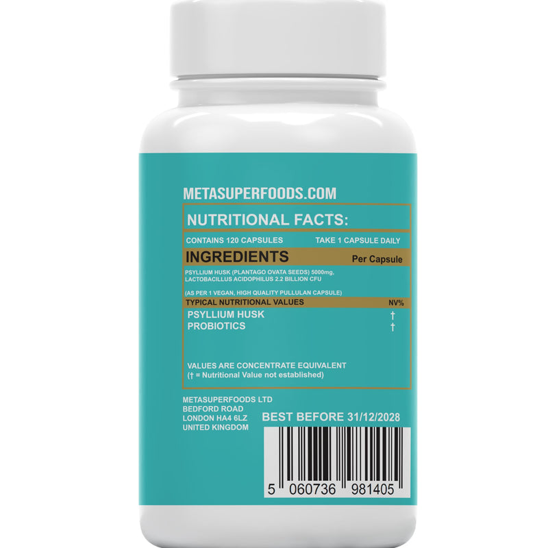 Fibre Supplement 5000mg Psyllium Husk with Acidophilus Probiotics | 120 High Strength Vegan Capsules | Natural Soluble Fibre from Plantago Ovata Seeds 1-A-Day Digestive Support | 4 Months Supply
