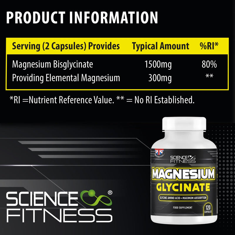Magnesium Glycinate Supplement, 240 Capsules of Magnesium Bisglycinate, Maximum Absorption,1500mg per Serving, Made in the UK-Science Fitness 240 count (Pack of 1)