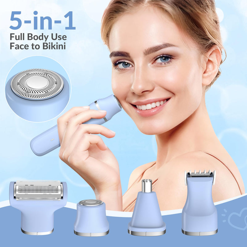 [Australia] - KINGTEE 5-in-1 Electric Bikini Trimmer for Women – IPX7 Waterproof Shaver, Cordless Body & Facial Razors for Women, Ceramic Blades, USB-C Rechargeable, Painless Hair Removal Kit (Blue) Blue 