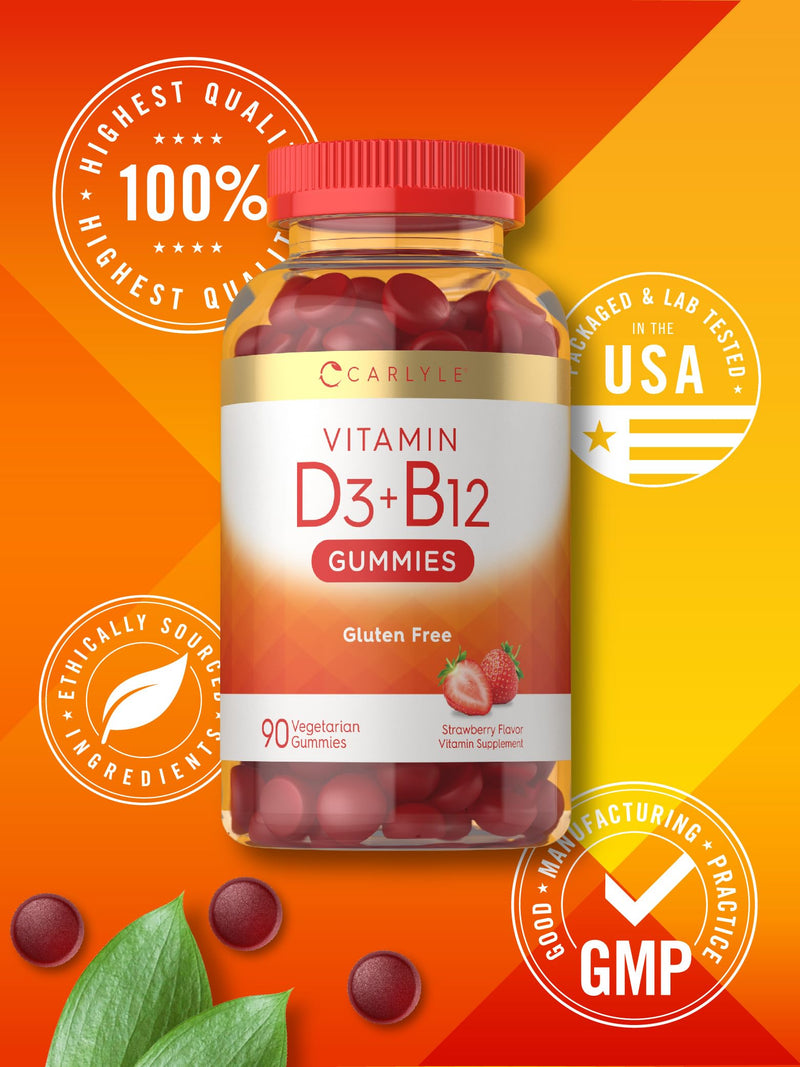 Carlyle Vitamin D3 + B12 Complex Gummies | 90 Count | Vegetarian, Non-GMO, and Gluten Free Formula | Strawberry Flavor Supplement | Vegetarian, Non-GMO, and Gluten Free Formula | Strawberry Flavor Supplement