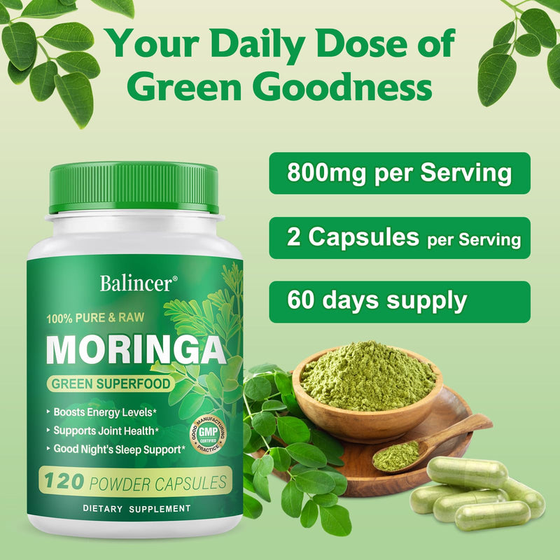 Moringa Capsules, Pure Moringa Leaf Powder Natural Green Antioxidant Superfood, High Potency Nutrient for Energy, Skin Health, Gut Health Supports, 120 Vegan Capsules 120 Count (Pack of 1)