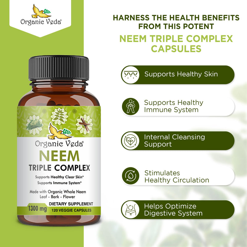 [Australia] - Organic Veda Neem Capsules with Triple Complex Neem Leaf Extract, Bark & Flower - Herbal Neem Supplement Boosts Immunity, Improves Digestion, Skin Health & Support Cleansing - 120 Count 