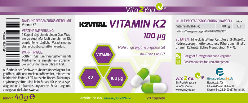 [Australia] - Vita2You Vitamin K2-100µg - 120 capsules - K2VITAL® - MK-7-99.7% All Trans - Premium quality from Kappa - Made in Germany 