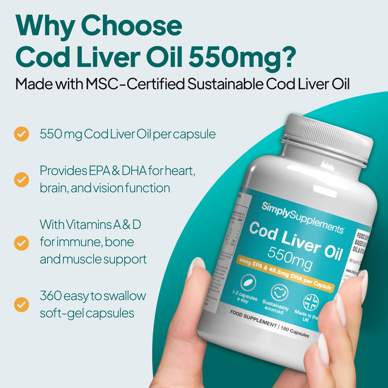 Pure Cod Liver Oil 550mg | Rich in Essential Fatty Acid, EPA, DHA & Omega 3 | Vitamin A & D | 360 Soft-Gel Capsules = Up to 1 Year Supply | UK Made | Made with MSC-Certified Sustainable Cod Liver Oil Unflavoured 180 count (Pack of 2)