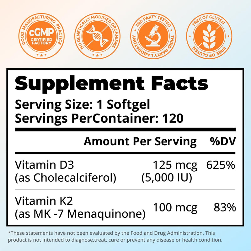 Vitamin D3 K2 5000IU, Bone & Immune Support, 120 Softgels | MK-7 100mcg for Calcium Directing, Easy-Swallow, Sunflower Seed Oil, 13-Allergen Free, Non-GMO, 4-Month Supply Vitamin D3 5000 IU