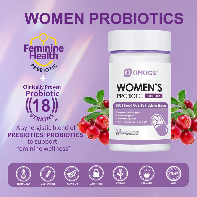 [Australia] - Women's Probiotic 180 Billion CFUs, 18 Strains, with Organic Prebiotics+Cranberry Extract & D-Mannose, for Digestive, Boost Immune, Women's Health & Urinary Tract Health, 90 Vegetarian Capsules 
