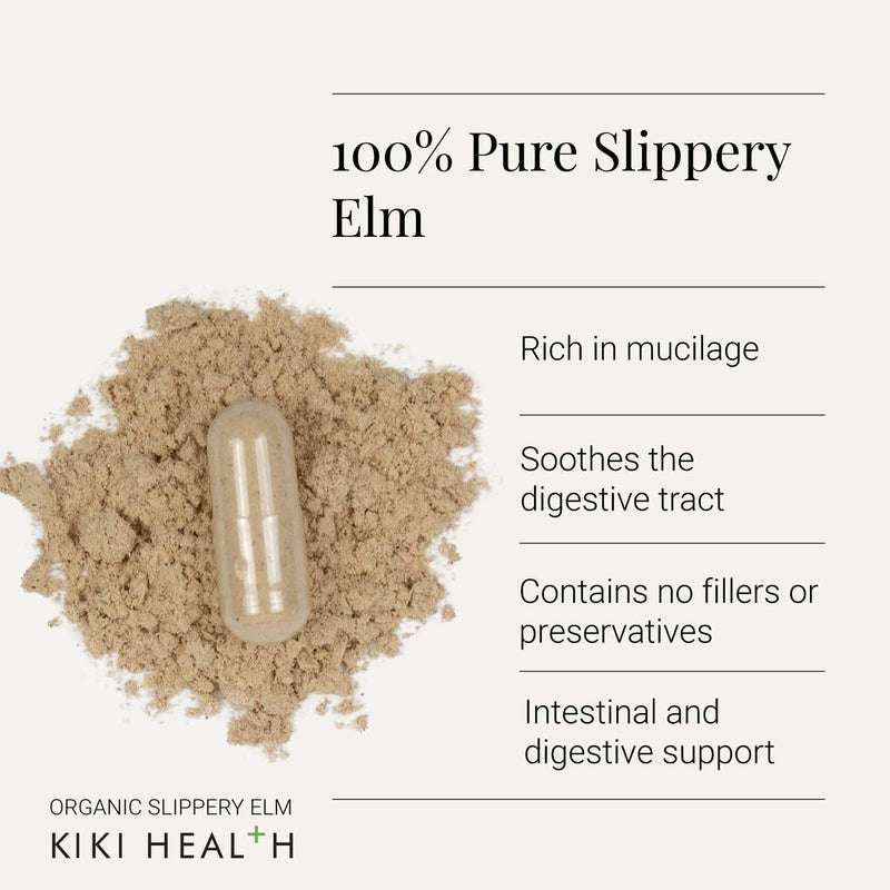 Kiki Health - Organic Slippery Elm Capsules - 740mg Slippery Elm per Serving - Supports Intestinal Health, Soothes The Digestive Tract - No Preservatives - Suitable for Vegans - 60 Capsules