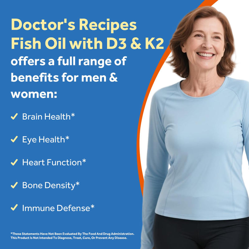 Doctor's Recipes Omega-3 Fish Oil with Vitamin D3 K2, 1100 mg Omega-3 Fatty Acids, D3 5000 iu & K2 100 mcg, for Healthy Heart Brain Eye Support, for Women and Men 60 Softgels