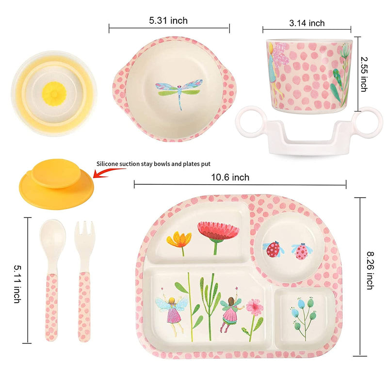 [Australia] - shopwithgreen 7Pcs/Set Bamboo Kids Dinnerware Set - Children Dishes - Food Plate Bowl Cup Spoon Fork Set Dishware, Cartoon Tableware, Dishwasher Safe Kids Healthy Mealtime, BPA Free Flower 