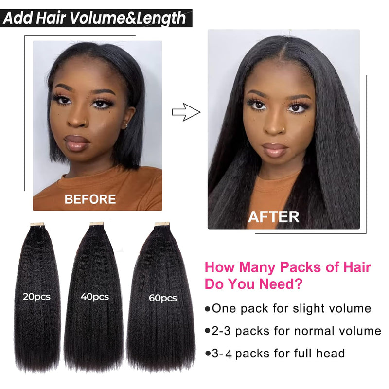 Tape in Hair Extensions Human Hair Kinky Straight Invisible Tape ins Hair Extensions Real Human Hair for Black Women 3c 4a Yaki Straight Tape Extensions 20pcs 16 Inch Kinky Straight 20pcs