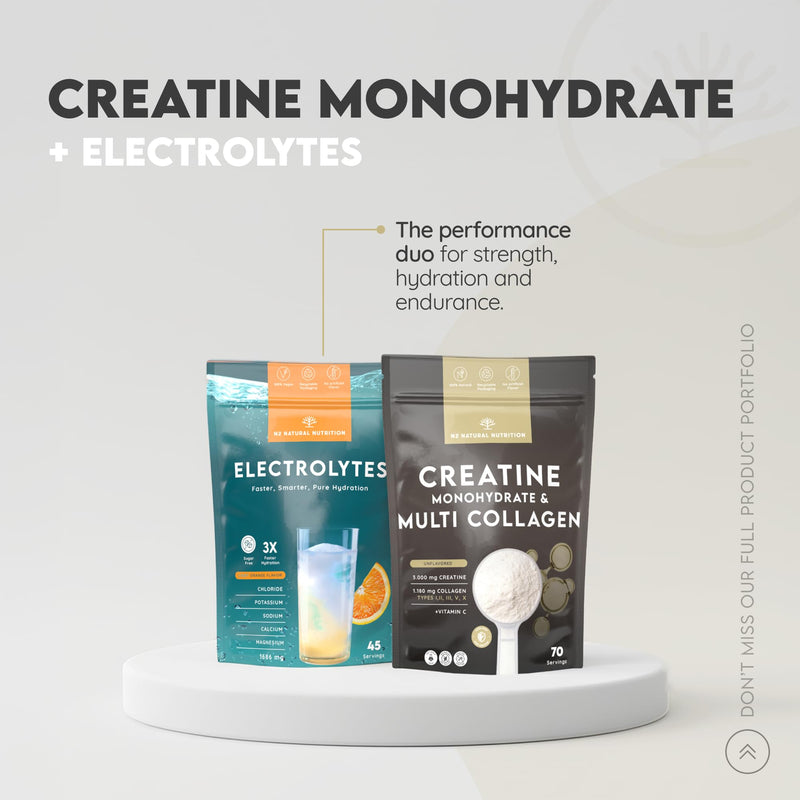 Creatine Monohydrate Powder+ Multi Collagen with Vitamin C (70 Doses) 3000mg Creatine Unflavored + Collagen I, II, III, V and X. Supplement for Strength, Power & Performance. N2 Natural Nutrition