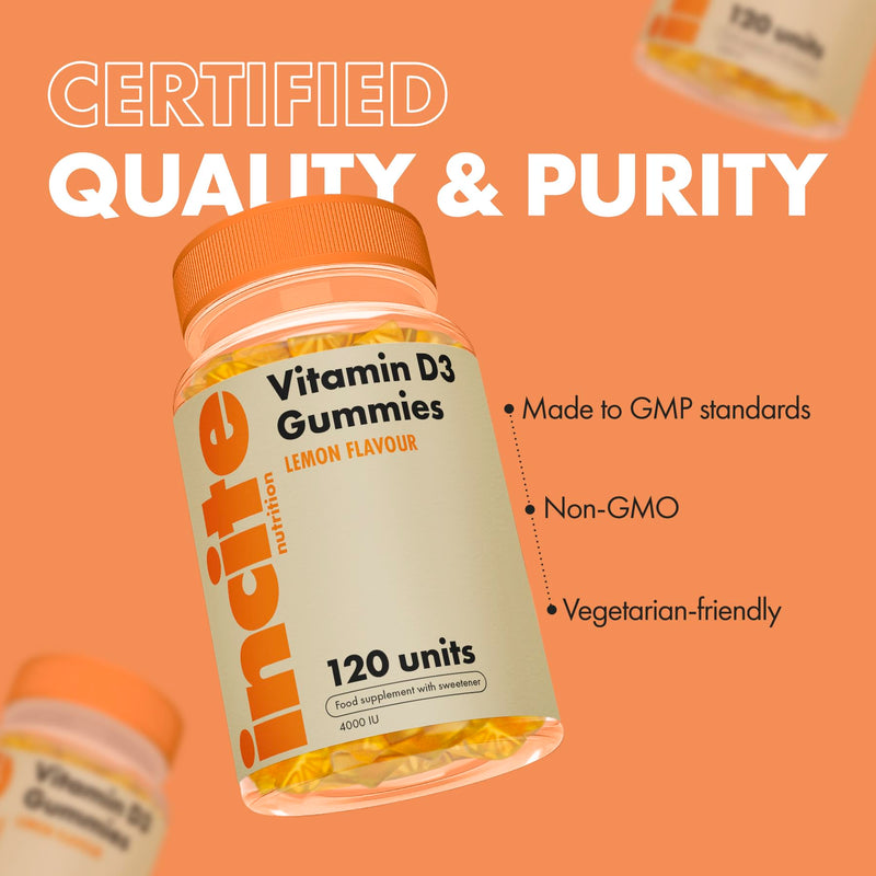 Incite Nutrition Vitamin D Gummies. 120 Lemon Flavour Chewable High Strength Vitamin D 4000 iu Gummies. 4 Month Supply of D3 Vitamins for Muscle Function, Immune Health and Year-Round Wellness 120 count (Pack of 1)