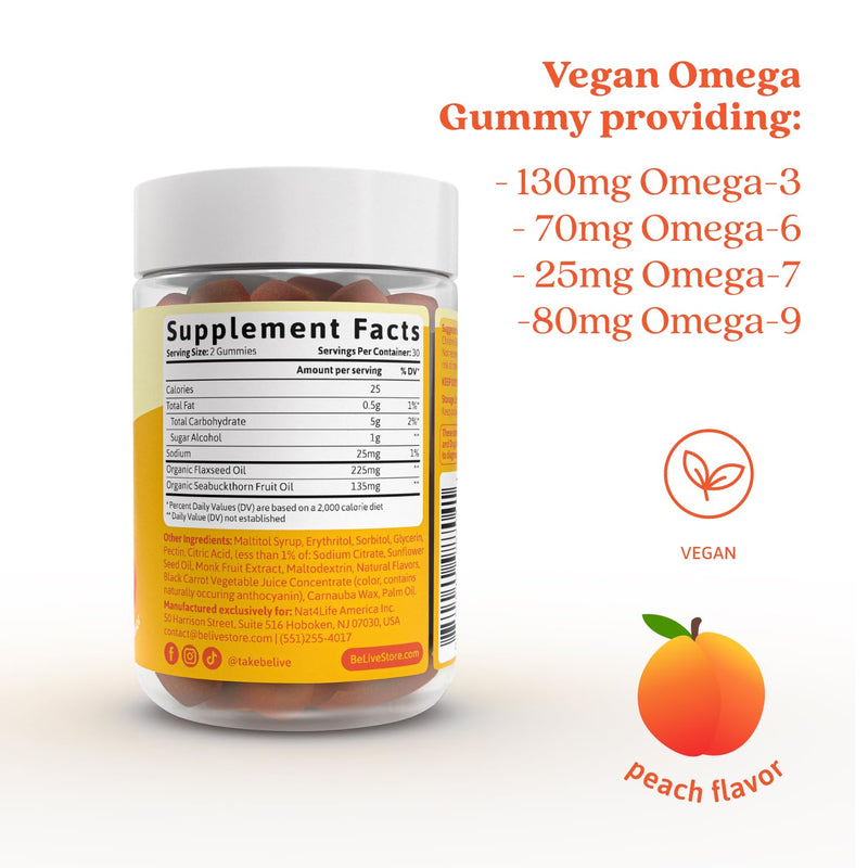 BeLive Omega 3 6 7 & 9 Gummies for Healthy Heart and Brain, Zero Sugar | From Flaxseed Oil & Sea Buckthorn Fruit Oil for Full Body Overall Support, Brain & Eye, Bone & Joint - Peach Flavor - 60 Ct 1