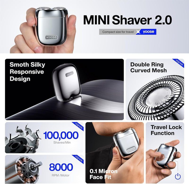 [Australia] - yoose MINI men's electric shaver, men's electric shaver made of alloy, IPX7 waterproof electric shaver for men with 8000rpm motor, Type-C cable and magnetic shaving head, silver 