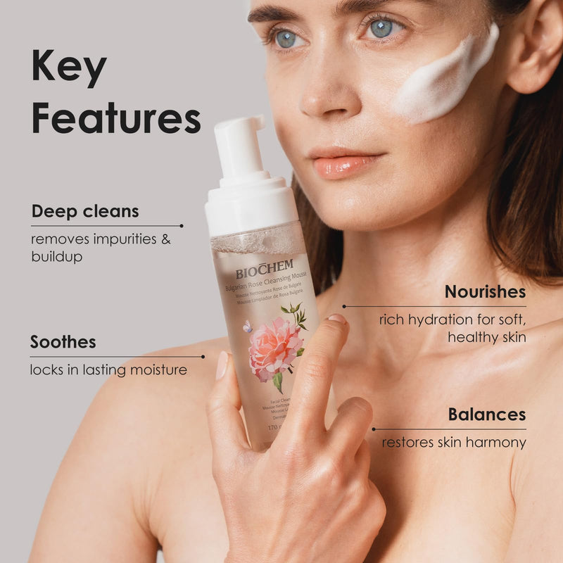 BIOCHEM Bulgarian Rose Foaming Face Wash, Vitamin C (5.75 fl oz / 170 mL) | 3-in-1 Cleanser Mousse with Rose Oil & Hyaluronic Acid, Hydrating Gentle Daily Cleanser, Cruelty-Free for All Skin Types