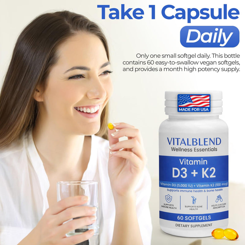 Vitamin D3 K2 Softgels, 5000 IU D3 with K2 MK-7, Bone & Heart Support Supplement – High Absorption Oil-Based Formula, Non-GMO, Sunflower Oil Softgels – 60 Count – 60 Day Supply