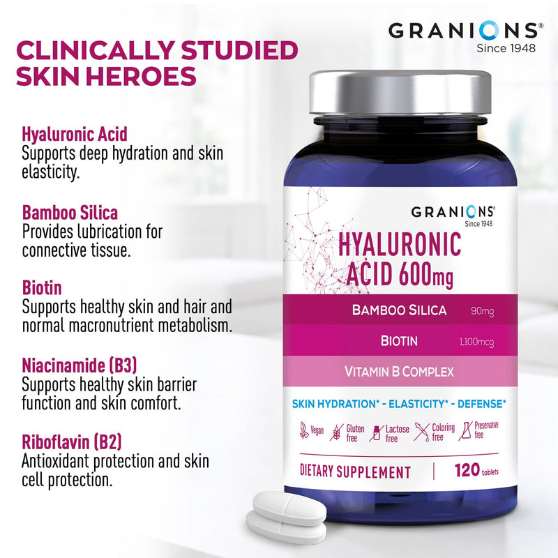 Granions Ultra Dosed Hyaluronic Acid Supplement 600mg - Intense Skin Hydration, Stimulates Collagen Production - Niacin, Biotin, Vitamin B Complex, Oral Hyaluronic Acid Supplements - 120 Vegan Tablets Hyaluronic Acid 600