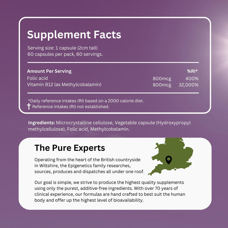 Vitamin B12 + Folate | High Strength 800mcg Folic Acid + 800mcg Methyl B12 as Methylcobalamin | 60 Vegan Capsules UK Made by Epigenetics Supplements