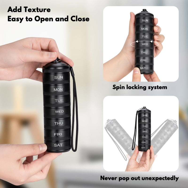 Metal Travel Pill Organizer Weekly Waterproof Aluminum Alloy 7 Day Pill Box | Large Compartments for Vitamins, Medicine, Supplements & Fish Oil, Portable Daily Pill Case Medication Container Black L