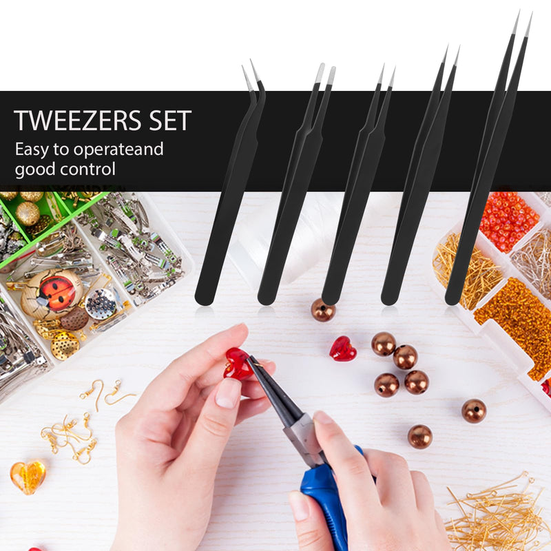 [Australia] - Tweezers Set, 5 Pieces Bead Tweezers 5 Models Stainless Steel Tweezers Anti-Static Precision Tweezers Set for Jewelry Making, DIY Crafts, Electronic Repairs, Manicure Tools (Black) 
