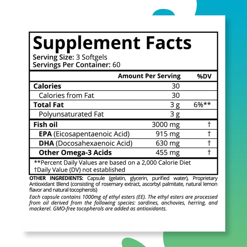 [Australia] - Purity Labs Omega 3 Fish Oil 3000mg – DHA & EPA Omega 3 Fatty Acid Supplements to support Heart and Brain Health - Immune Support Supplement - 180 Softgels (60 Servings) 1 