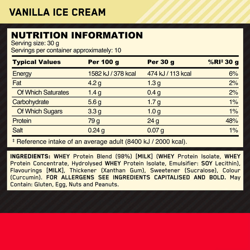 Optimum Nutrition 100% Gold Standard Whey Protein Powder, 24g Protein, Vanilla Ice Cream, BCAA, Low-Sugar, Fast‑Digesting Isolate for Muscle Gain & Recovery, 300g, 10 Servings