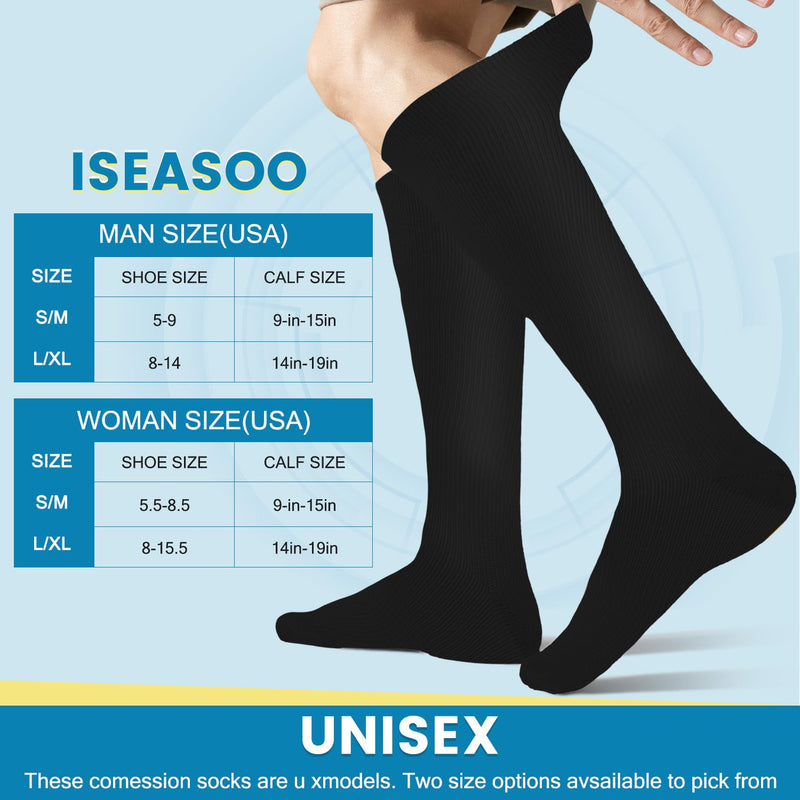 Iseasoo 3 Pairs Copper Compression Socks for Women&Men Circulation-Best for Running,Nursing,Hiking,Flight&Travel Large-X-Large A01- Black