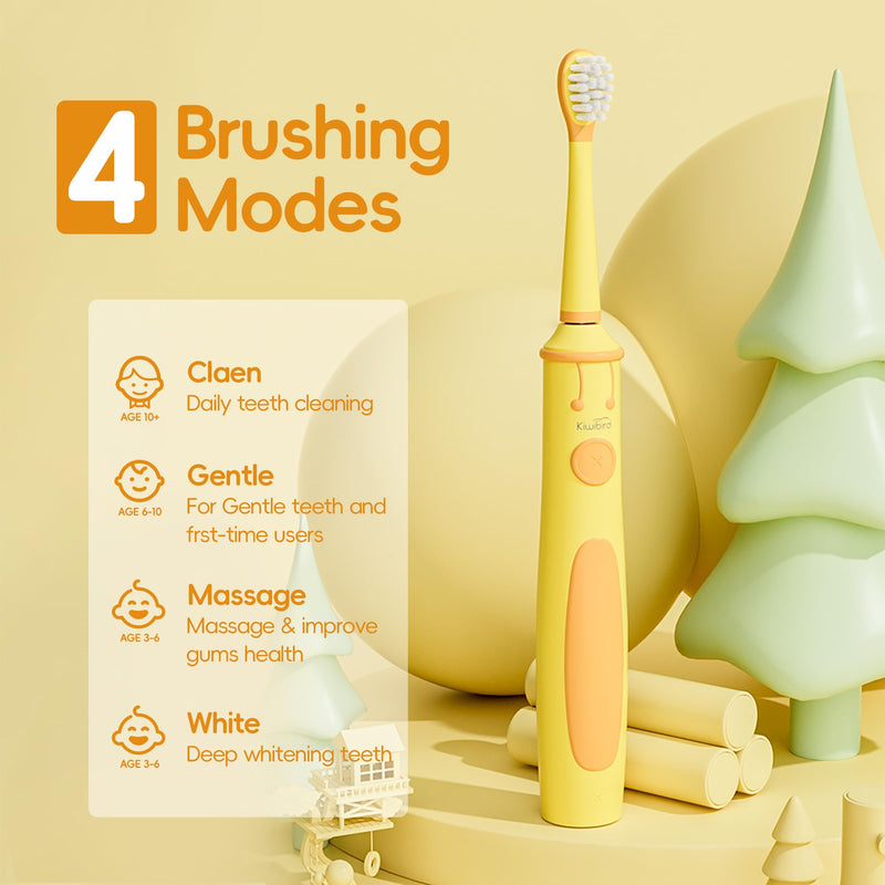 [Australia] - KIWIBIRD Kids Electric Toothbrush for Ages 3–10 | Toddler Sonic Toothbrush with 4 Modes & Soft Silicone Bristles | 2-Min Timer Pressure Sensor | 45-Day Rechargeable Battery | IPX8 Waterproof (Yellow) Yellow 