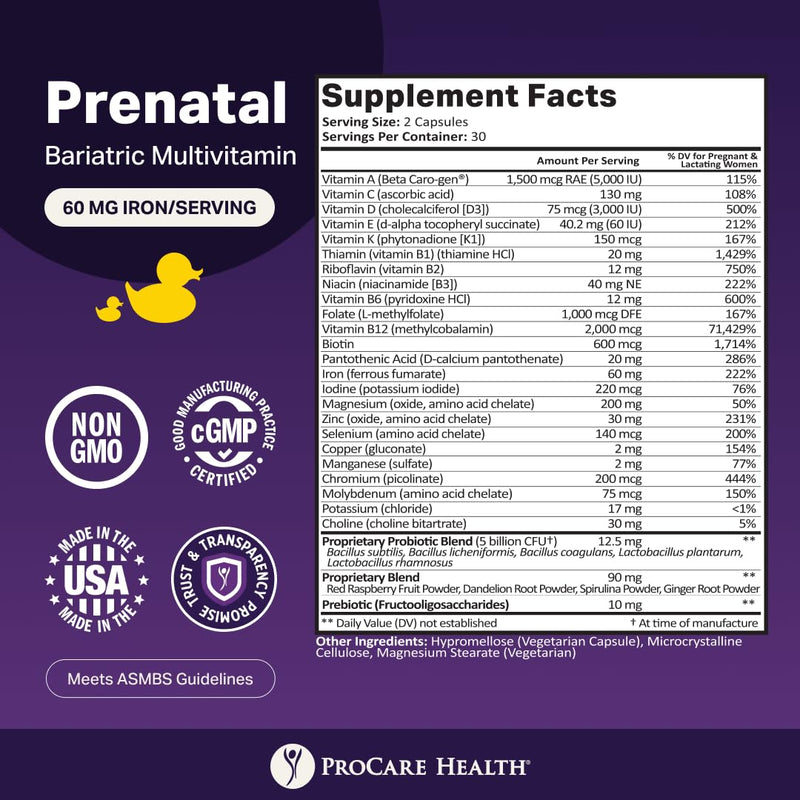 Prenatal Bariatric Multivitamin with Iron | Capsule | 60ct | Bariatric Vitamins for Gastric Bypass & Gastric Sleeve (1 Month Supply) - 60 Easy-to-Swallow Capsules for Women - Made in USA 60 Count (Pack of 1)