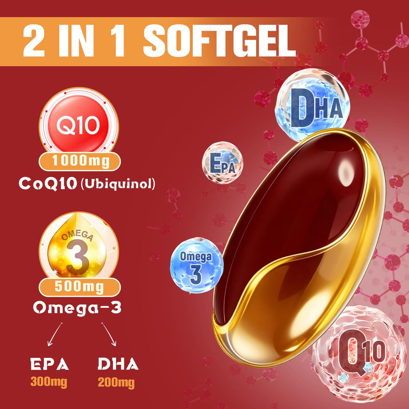 1000mg Liposomal CoQ10 Ubiquinol with Omega-3 120 Softgels, Advanced Coenzyme Q10 High Strength & Absorption, Naturally Fermented CoQ10 Supplement for Antioxidant, Heart & Energy Support