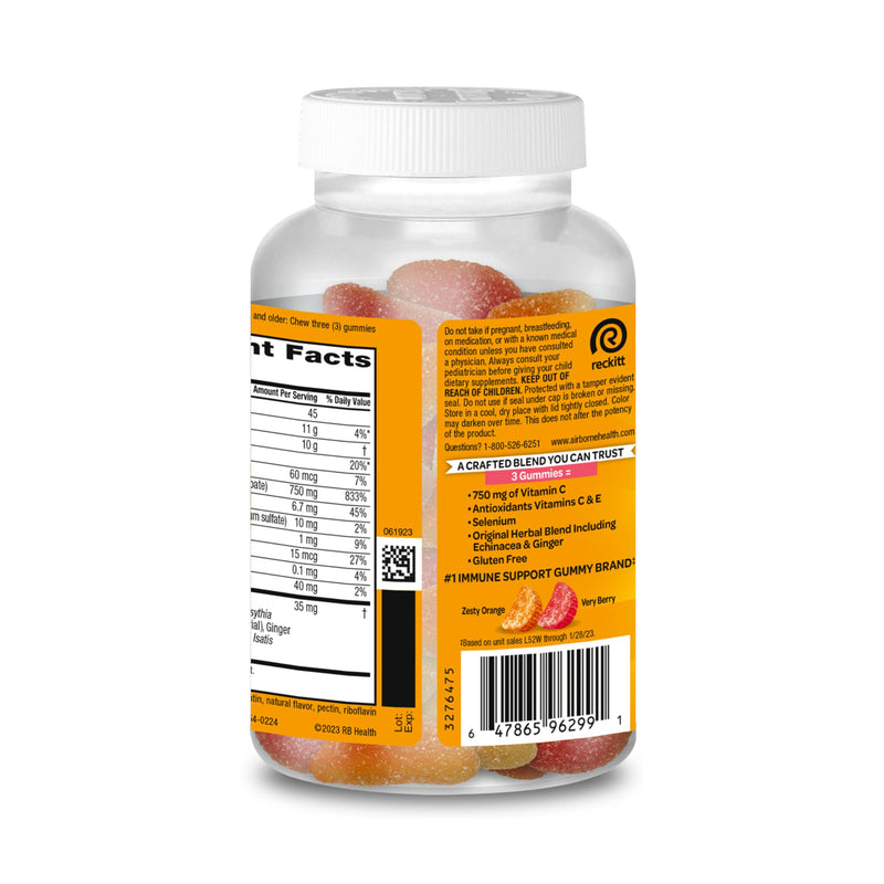 [Australia] - Vitamin C 750mg (per Serving) - Airborne Assorted Fruit Flavored Gummies (63 Count in a Bottle), Gluten-Free Immune Support Supplement with Vitamins A C E, Selenium, Echinacea & Ginger 