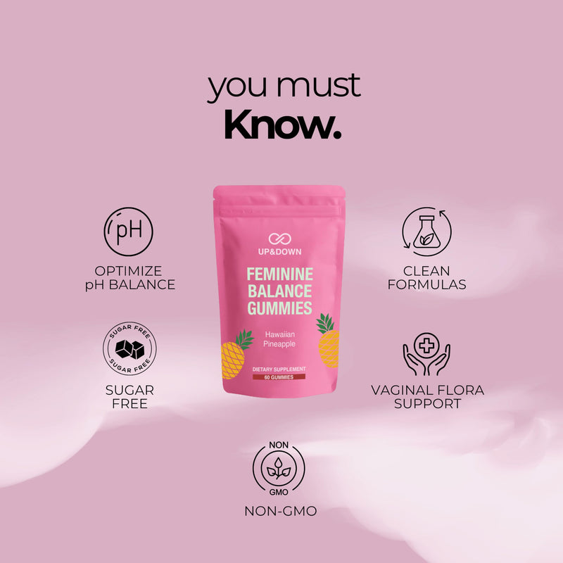 Up&Down Supplements Premium Feminine Balance Gummies for Women | PMS Relief, Mood & Cycle Support | Pineapple + Vitamin C | Ashwagandha & Chasteberry | Vegan, Non-GMO, Gluten Free | 60 Gummies