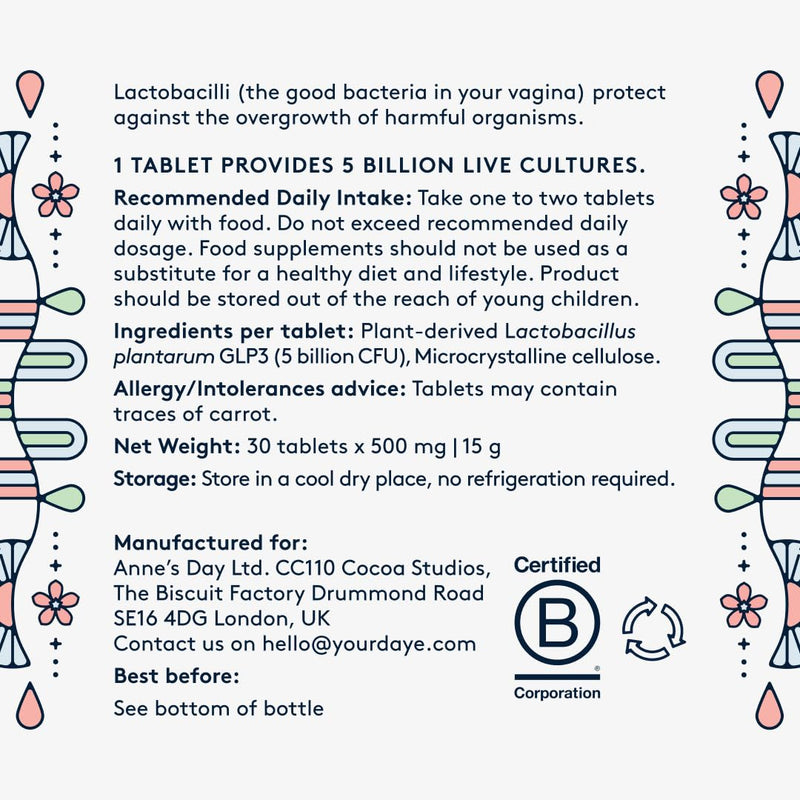 Daye ProViotics: Lactobacillus plantarum GLP3 for Women's Vaginal & Gut Microbiome | Daily Oral Vegan Probiotic | Supports Healthy Flora & pH | 30 Tablets