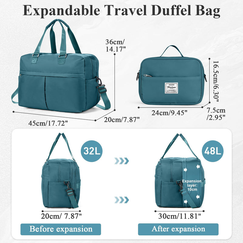 Expandable Personal Item Travel Duffle Bag Weekender Bag for Women Men, Overnight Hospital Carry On Bag with Toiletry Bag for Airplanes Travel Business Trips Sport, Peacock Blue