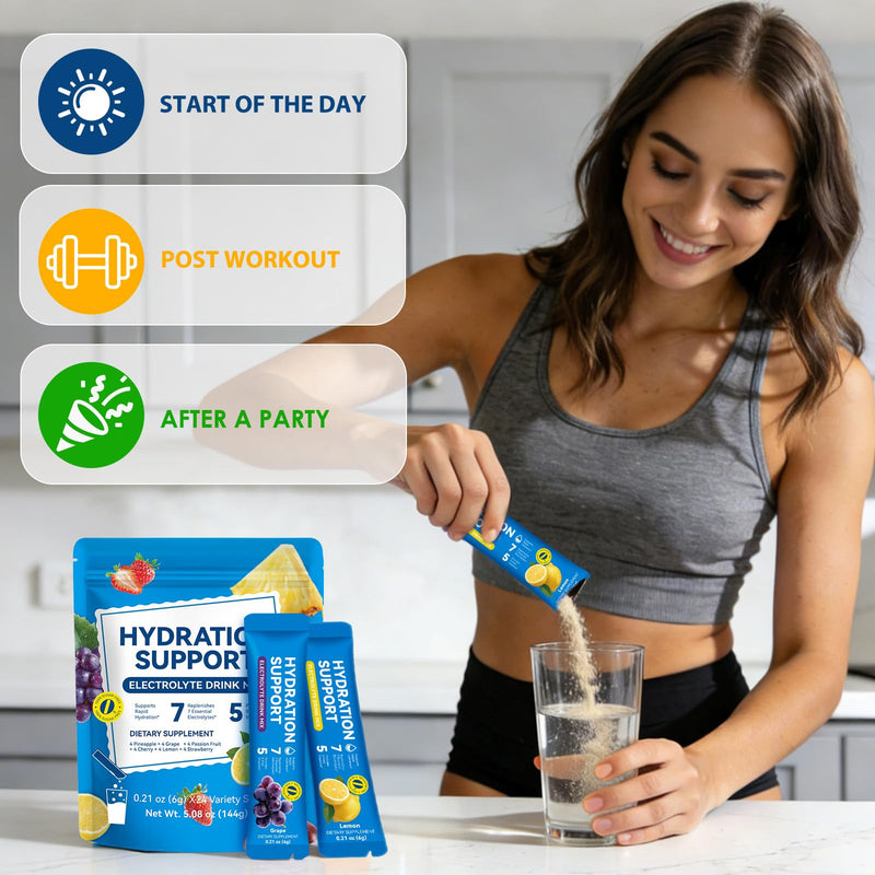 Electrolyte Powder Sachets, 24 PCS Electrolyte Powder Drink Mix with 7 Essential Electrolytes with Vitamins C & B Complex Hydration Support & Energy Metabolism, Sugar Free Assorted Fruit Flavors