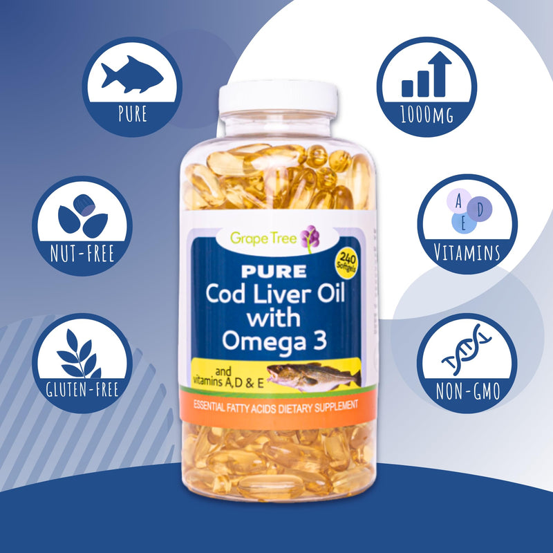 Grape Tree Cod Liver Oil 1000mg High Strength 240 Capsules. Cod Liver Oil Rich in Omega 3 EPA DHA Fatty Acids + Vitamins A, D & E High Strength Fish Oil. Supports, Heart Health, Brain, Vision, Joints