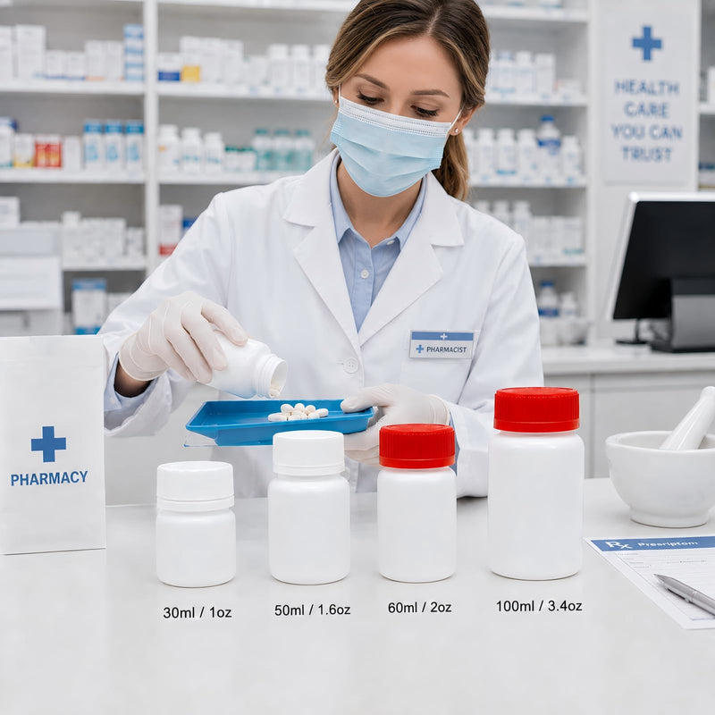 METAPACK 8 Pack 1.6 oz Food Grade Pill Bottles with Labels and Screw Caps | Opaque BPA-free HDPE construction with aluminum foil liners; ideal for tablets, capsules, vitamins, supplements and powders. White 1.6oz/50ml