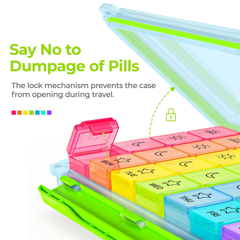 AUVON Large Moisture-Proof Weekly Pill Organizer 4 Times a Day, BPA-Free | 7 Day Pill Box Case with Portable Design for Travel, Removable Individual Containers Hold Vitamins, Supplements, Medications Light Blue