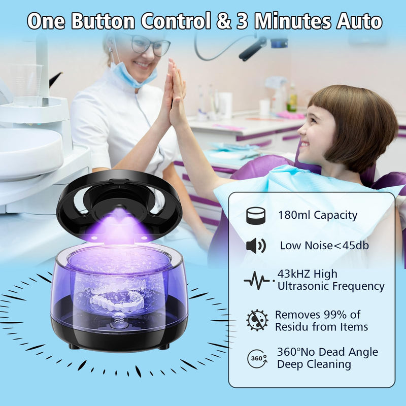 [Australia] - Ultrasonic Retainer Cleaner, 43kHz Ultrasonic Denture Cleaner Jewelry Cleaning Machine Eyeglass Cleaner for Watches Dentures Ring Razor Makeup Brush Black 