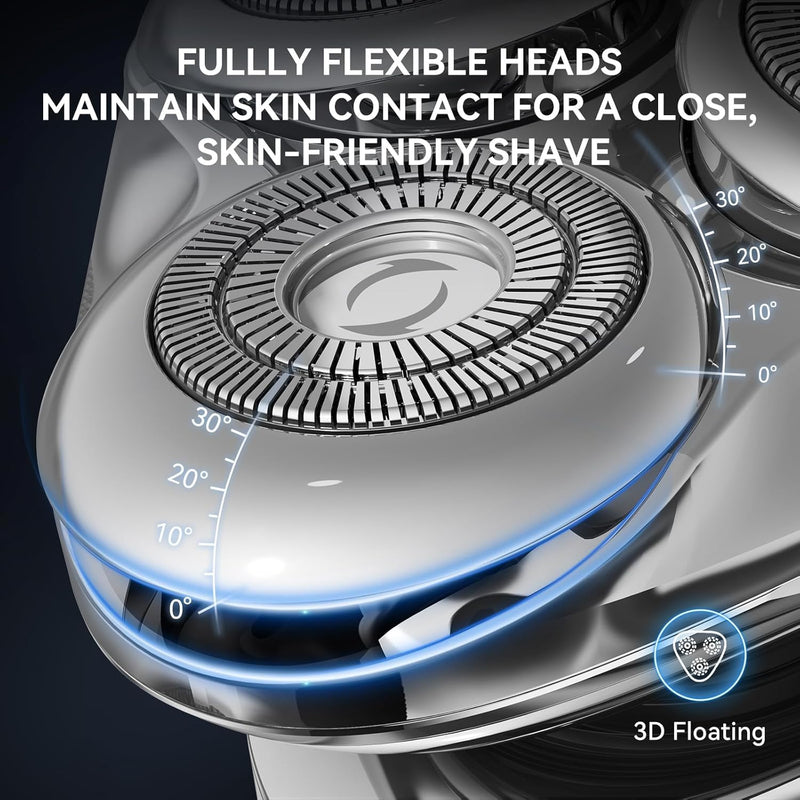 Electric Razor for Men - Rechargeable Electric Shavers for Men, 3D Magnetic Floating Head Mens Rotary Shaver for Shaving Face Beard Shaver IPX6 Waterproof LCD Display Beard Trimmer for Mens Gift Silver