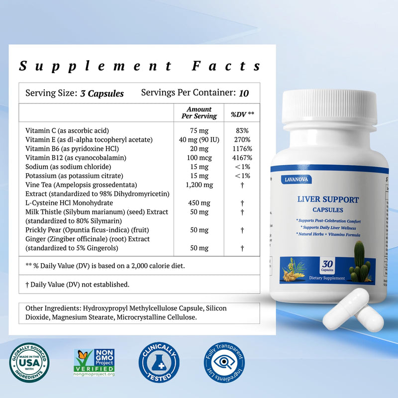 DHM Pre-Drink & Liver Support Supplement with Dihydromyricetin, Milk Thistle & L-Cysteine – Hangover Support, Alcohol Recovery, Liver Detox & Hydration Formula with Vitamins B, C, E – 30 Capsules