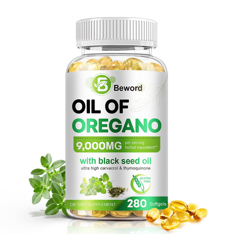 [Australia] - Oil of Oregano with Black Seed Oil, 9000mg Per Serving, 280/560 Softgel, 2-in-1 Oregano Supplement for Immune Health with High Carvacrol & Thymoquinone | Plant Based, Non-GMO, & Immune Support 280 Count (Pack of 1) 