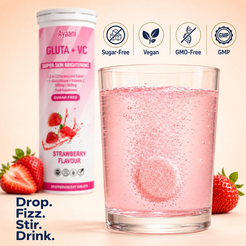 Glow Strawberry — Glutathione 500mg + Vitamin C 500mg | Beauty Drink for Skin Glow | Even Tone | Radiance | Zero Sugar and No Fillers | Effervescent Tablets | 20 Count