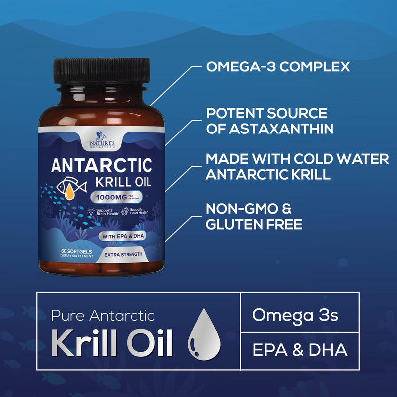 [Australia] - Krill Oil Omega 3 Supplement 1000 mg - Antarctic Krill Oil with Omega-3 EPA, DHA with Astaxanthin Sourced from Red Krill, Brain Health & Immune Support with Phospholipids - 30 Servings, 60 Softgels 60 Count (Pack of 1) 