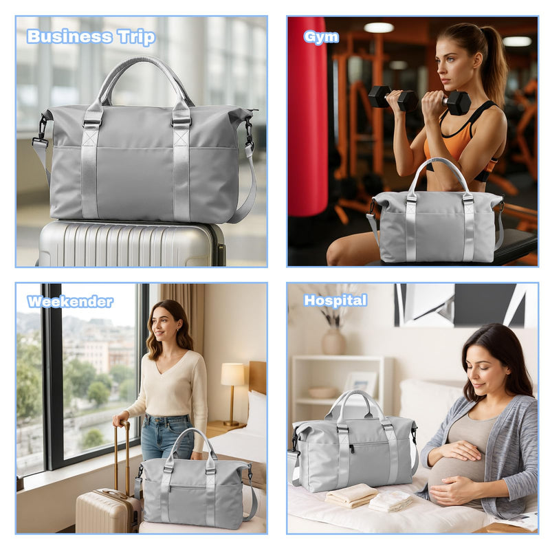 Travel Duffle Bag for Women, Carry On Weekender Tote with Trolley Sleeve | Waterproof overnight bag for gym, sports, hospital stays, labor and delivery; spacious carry-on design for short trips. Misty Grey