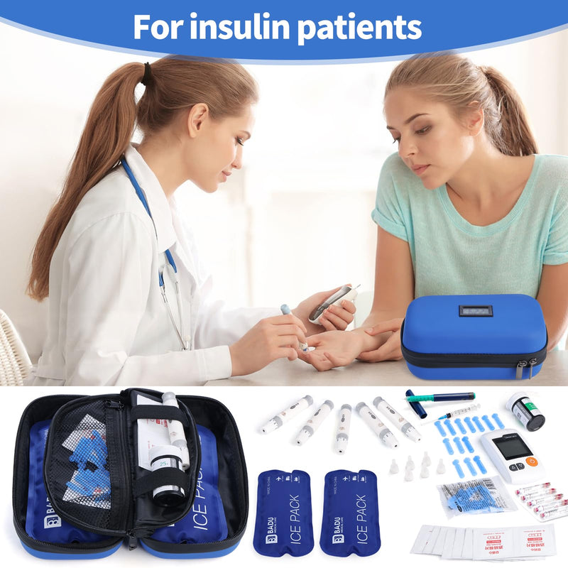 [Australia] - 24h Insulin Cooler Travel Case TSA Approved Refrigerated Medicine Cooler for Travel w/Thermometer Temperature Display Diabetic Travel Case Bag w/2 Reusable Ice Packs for Daily Life Trip Blue 