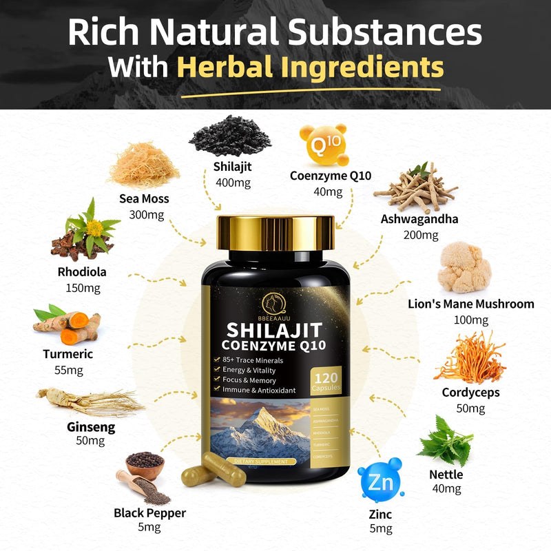 [Australia] - Shilajit for Men with Sea Moss & Ashwagandha,12 in 1 Himalayan Shilajit Supplements Capsules with Coenzyme Q10, Fulvic Acid & Humic Acid, Lion's Mane, Support Energy & Immunity, 120 Counts 120 Count (Pack of 1) 