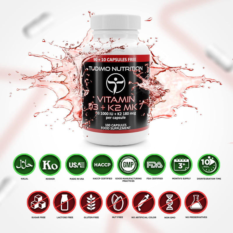 ★ Vitamin D3 K2 MK7 ★ Capsules ★ 1000 IU / 180 mcg - 100 pcs (3+ Month Supply) of Rapidly Disintegrating Capsules with Premium Quality VIT K2 as Menaquinone and VIT D3 as Cholecalciferol Powder 1 count (Pack of 100)