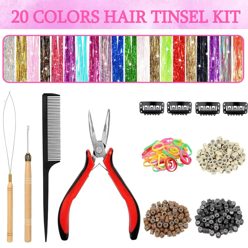 Hair Tinsel Kit (20 Colors, 48 Inch, 7200 Strands) Sparkling Tinsel Hair Extensions with Tools Heat Resistant Shiny Fairy Hair Tinsel Extensions for Women Girls Colorful 20 Colors